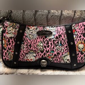Ed Hardy Skull Leopard Print Pink and Black Shoulder Bag